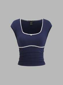 Sweetra Navy Slim Fit Ruched Lace Patchwork Cap Sleeve T-Shirt