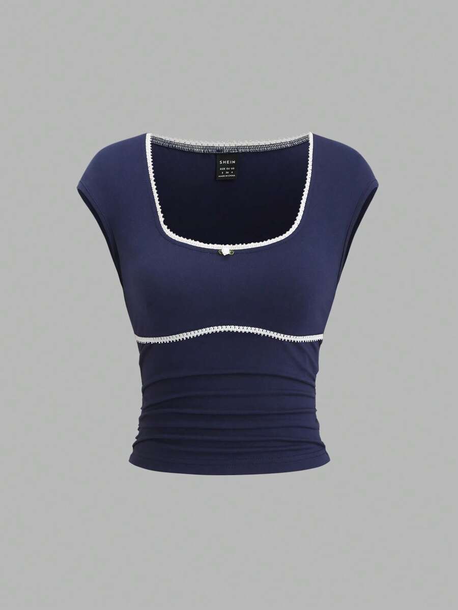 Sweetra Navy Slim Fit Ruched Lace Patchwork Cap Sleeve T-Shirt