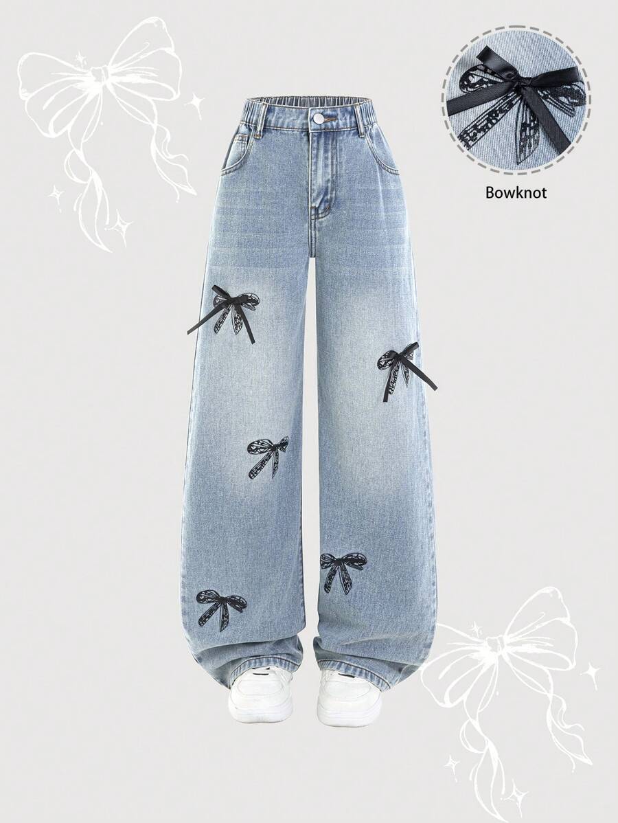 Tween Girls' Extra Long Blue Denim Jeans With Bowknot Appliques Girls' Vintage Butterfly Print Straight Wide Leg Jeans Stylish Blue Denim Extra Long Jeans For Tween Girls With Cute Bowknot Details - Blue - View 1