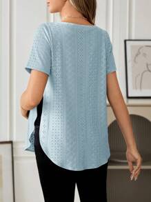 SHEIN Maternity Solid Color Hollow Embroidery V-Neck Short Sleeve T-Shirt, Suitable For Summer - Baby Blue - View 2