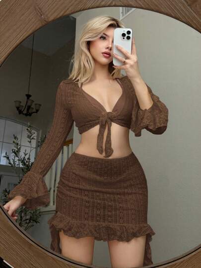 Swim Mod Juego de bikini de 4 piezas de encaje con triángulo halter y cubrecuerpo transparente con volantes y mangas largas para damas'