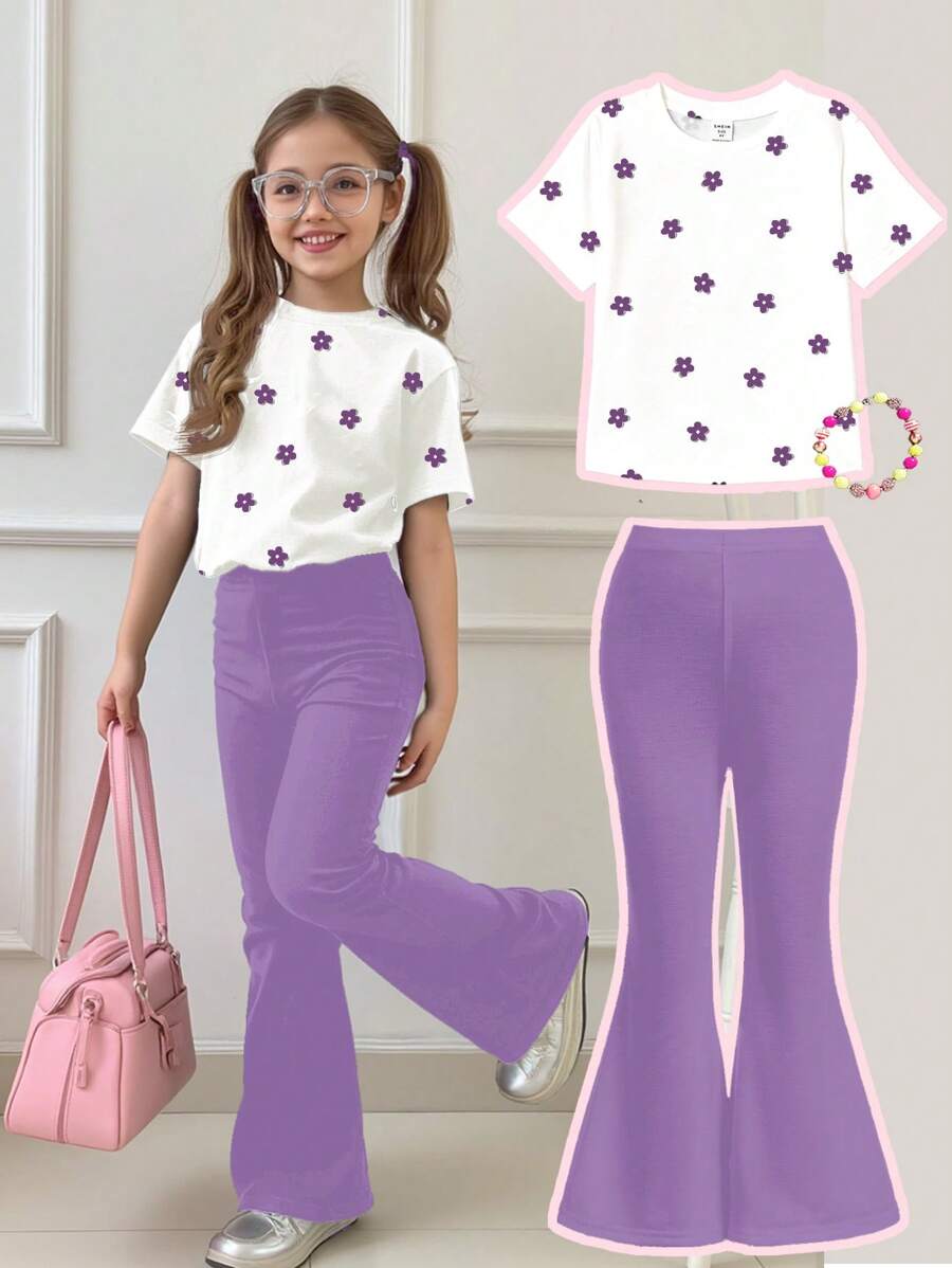 SHEIN 2 pezzi/set Top a maniche corte con scollo tondo e pantaloni a zampa con motivo cartoni animati casual, adatto per l'estate, per giovani ragazze - Multicolore - Visualizzare 1
