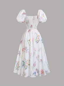 Sweetra Vestido midi de verano francés, vestido elegante de alta gama con estampado de tulipanes para señoras
