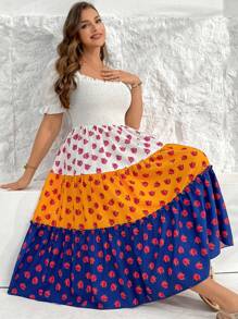 SHEIN Essnce Plus Size Women's Spring And Summer Fashion Casual Loose Comfortable Cute Square Neck Waist Short Sleeve Multicolor Floral Mid-Length Dress,Curve Cute Dress,Sun Dress,European Summer,Tea Party Dress,Beach Vacation Outfits,Vacation Outfits Woman,Bohemia,Mom And Daughter Clothes - Multicolor - View 6