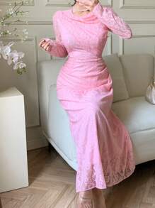 Modelyn Elegantes Kleid im französischen Stil für Damen mit geraffter Spitze, langen Ärmeln und raffender Taille, schmeichelhaft