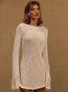 MUSERA Abito mini a vita bassa con scollo a V, maniche a sbuffo, in maglia a-line, adatto per vacanze, primavera, estate, spiaggia, stile Ibiza, western country, rave, colore bianco