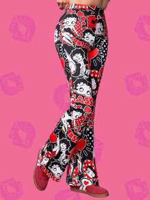 Betty Boop x SHEIN 女士心形和波尔卡圆点印花复古卡通人物图案休闲黑色喇叭裤紧身裤，百搭，日常，夏季 - 黑色 - 查看 4