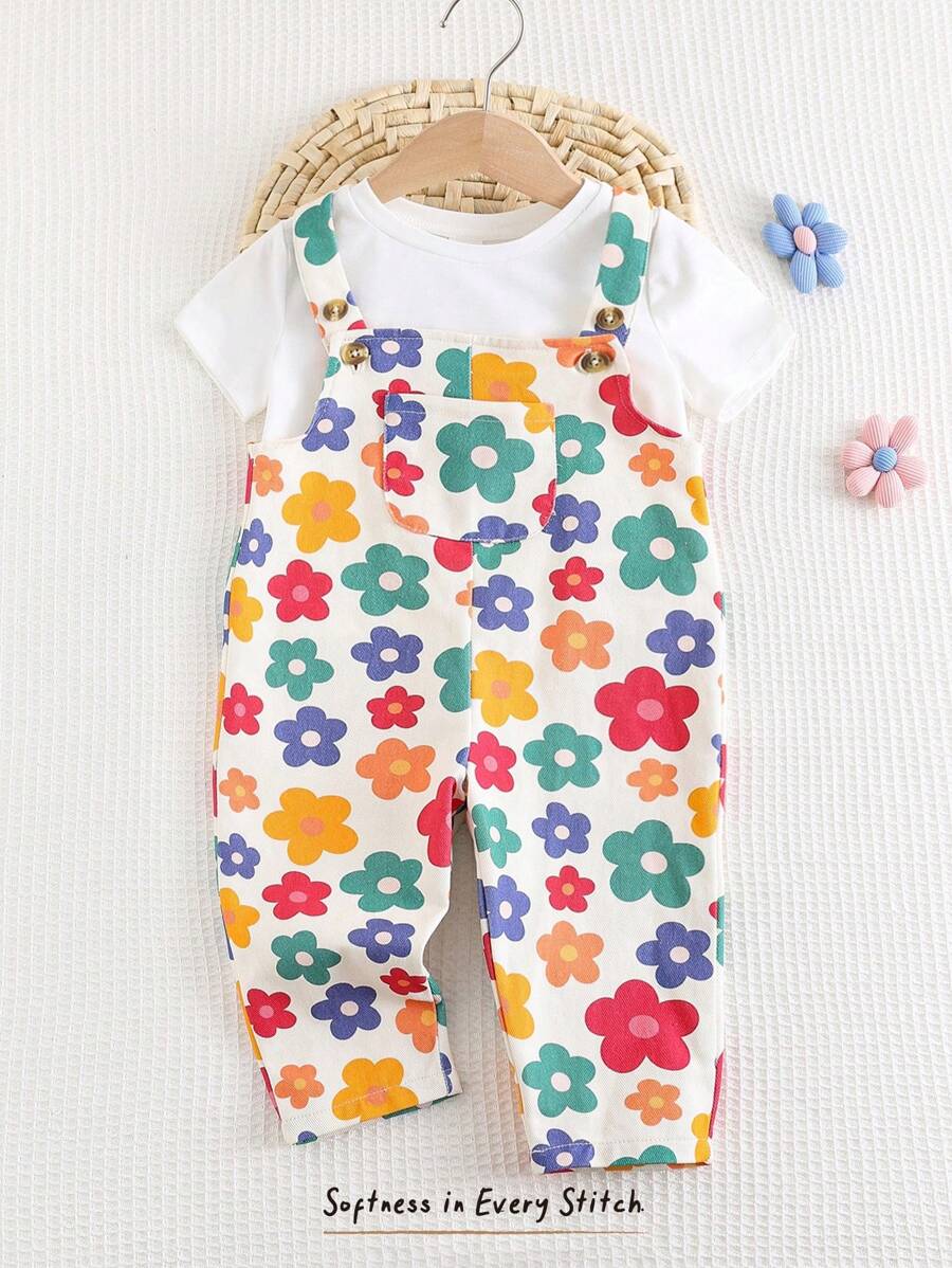 Cozy Pixies Salopetă camisol cu imprimeu floral și plante pentru bebeluși, casual și versatilă - Roz - Vizualizare 1