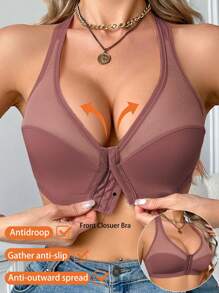 1pc Women's Wireless Mesh Inlay Front Closure Bra - Redwood - View 6