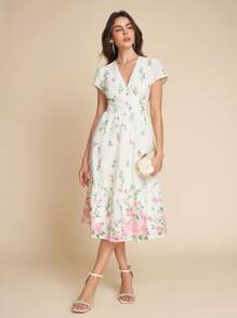 Amorya SHEN Clasi Women V-Neck Overlap Embroidered Floral Print Waisted Elegant Casual Holiday Swing Midi Dress With Pockets, White