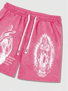 ROMWE MEN Herren Shorts mit Zugband Taille, Vintage-Waschung mit Slogan- und Gestendruck - Heißes Pink - Übersicht 4