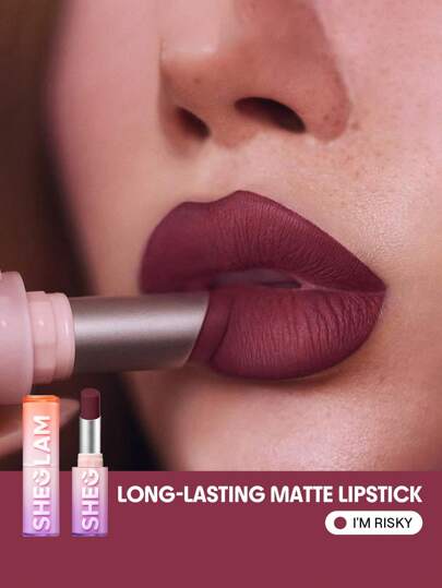 SHEGLAM Dynamatte Boom Long Lasting Matte Lipstick-I'M Risky 20 Colors Creamy Matte Waterproof Lipstick Amazing Non-Stick Cup Transfer-Proof Lipstick Purple Lipstick Lip Combo Brand Beauty Makeup Face Paint Cosmetic For Women Girls Perfect For Winter Ideal For Y2K Fancy Fashion Suitable For Birthday Gift Party Ready Best Color