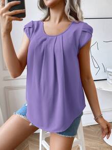 SHEIN Maternity Solid Color Ruched Round Neck Elegant Short Sleeve Blouse, Suitable For Summer - Purple - View 5