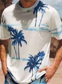Manfinity VCAY Men's Casual Palm Tree Print Knit Crew Neck T-Shirt, Suitable For Summer
