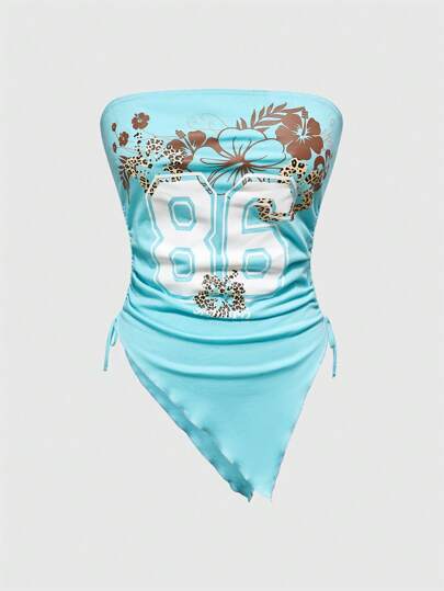 ROMWE Avant Women's Resort Island Hibiscus & Leopard Print Drawstring Bustier Top