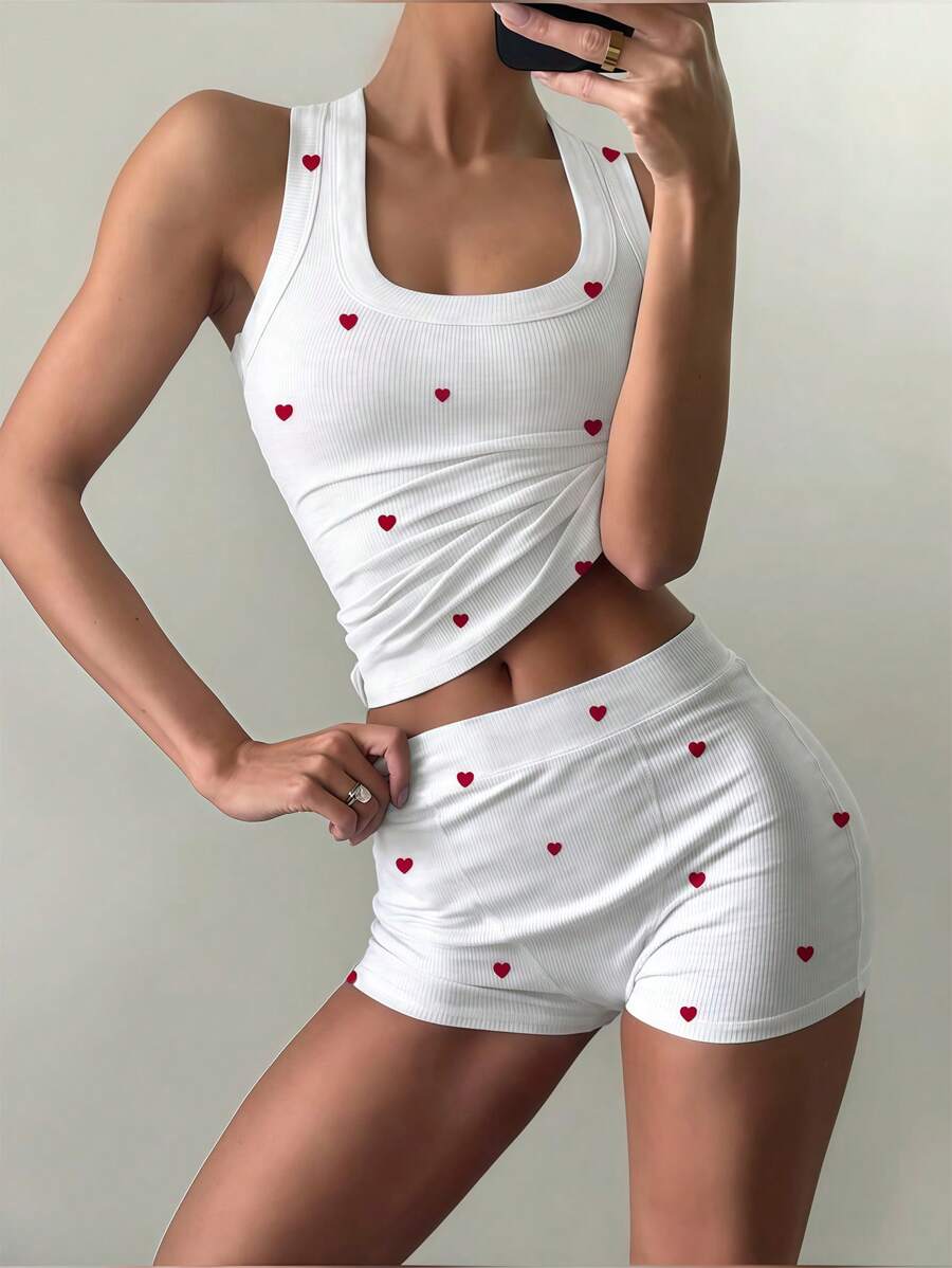 INAWLY Set casual da 2 pezzi composto da una maglia aderente a maniche corte con stampa a cuore e un paio di pantaloncini