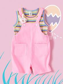 SHEIN 2pcs Baby Girls Casual Cute Bunny Print Colorful Striped Sleeveless Top And Shorts Set, For Daily Wear, Holiday, Outdoor Activity, Spring/Summer - Pink - View 2
