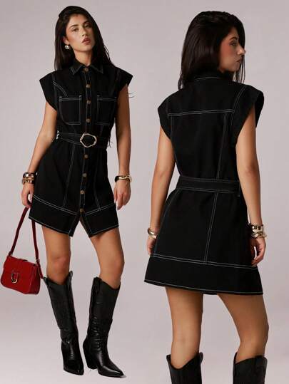 SHEIN Forever 21 Vestido vaquero sin mangas de línea A con cintura ceñida, nuevo para el verano, atuendo de trabajo para mujeres