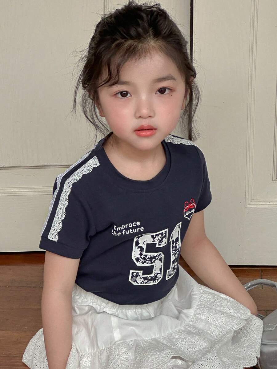 DAZY 少女女孩印花短袖圆领针织T恤，夏季 - 藏蓝色 - 查看 1