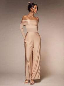 Glamine Nuevo mono elegante de una pieza para mujer con parte superior de tubo de malla de satén de punto negro, espalda descubierta con cremallera, manga larga, pierna ancha, adecuado para todas las estaciones, apropiado para citas nocturnas como disfraz de adulto