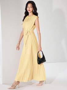 Heiryn Elegant Pleated Long Dress, Suitable For Commuting Butter Yellow Dress, Graduation Dress - Yellow - View 4