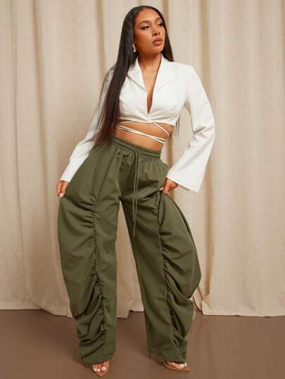 Vixey 褶皱阔腿抽绳腰部编织休闲办公裤，商务休闲女士，女士早午餐装