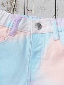 SHEIN Tween Girl 复古扎染多巴胺颜色宽松舒适磨边牛仔短裤 - 淡紫色 - 查看 5