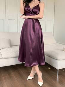 DAZY 女士夏季缎面连衣裙，细肩带露背蝴蝶结连衣裙，性感优雅长裙婚礼女装 - 紫色 - 查看 4