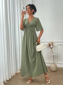 SHEIN Clasi 女士优雅通勤/约会/海滩度假闪亮雪纺面料扭纹前灯笼袖连衣裙 - 軍綠色 - 查看 1