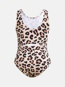 SHEIN Young Girl Leopard Pattern One-Piece Swimsuit - Apricot - View 2