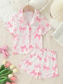 Bộ quần short tay ngắn in nơ hồng cho bé gái, đồ ngủ chống cháy - Hồng - Xem 3