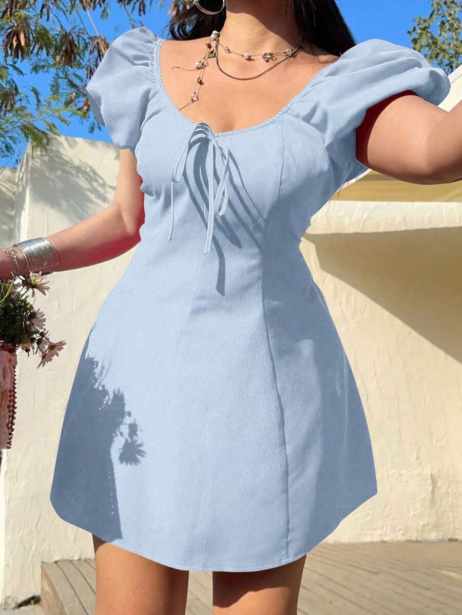 Flirla Plus Size Spring & Summer Solid Color Round Neck Ruffle Tie Bow Romantic French Design Bodycon Peplum Lantern Sleeve Mini Dress, Vacation Style - Blue - View 1