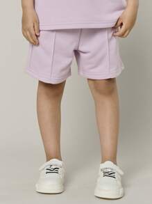 SHEIN Explorewe 2件套女童字母印花圆领T恤和短裤套装 - 紫色 - 查看 8