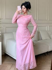 Modelyn Elegantes Kleid im französischen Stil für Damen mit geraffter Spitze, langen Ärmeln und raffender Taille, schmeichelhaft