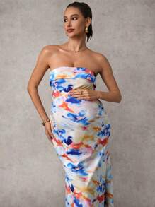MaterniChic Elegant Strapless Floral Maternity Maxi Dress: Woven Fabric, Sleeveless, Backless Design, And Long Length For A Stylish Pregnancy - Multicolor - View 3
