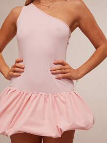 WESTFADE Western Mixed Media Rib Knit & Poplin One Shoulder Asymmetrical Puff Bubble Hem Mini Dress Spring Summer Beach Vacation - Pink - View 6