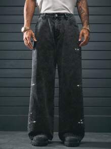 AXEPEAK Jeans de pierna recta larga para hombre con decoración de rhinestones, inspirado en el streetwear