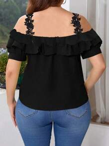 INAWLY Plus Size Women Fashion Loose Ruffled Off Shoulder Short Sleeve Blouse - Black - View 2