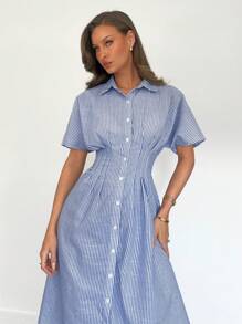 Siren Gaze 女士休闲条纹腰部纽扣前长裙，夏季 - 寶藍色 - 查看 2