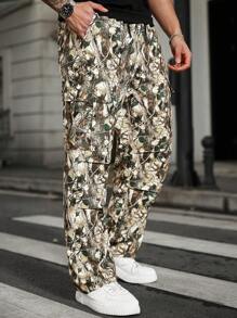 Manfinity LEGND Pantalones cargo informales con estampado de plantas para hombres de talla grande