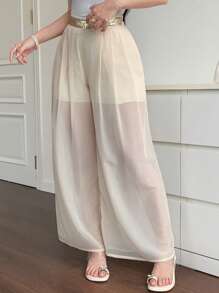 DAZY Women's Sequin Patchwork Elastic Waist Wide Leg Pants Carnival - Beige - View 4