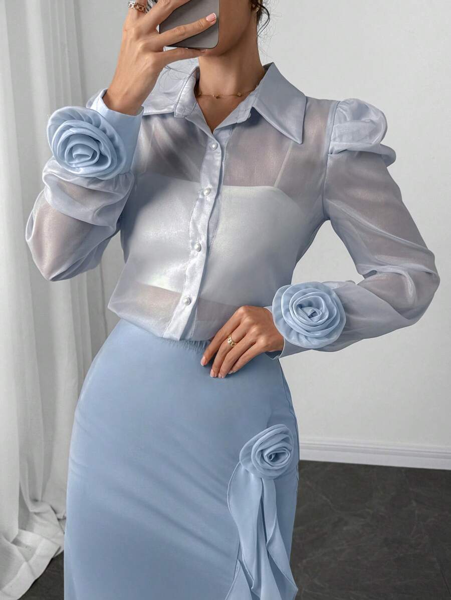 Modelyn 3D花卉装饰领口长袖女式衬衫