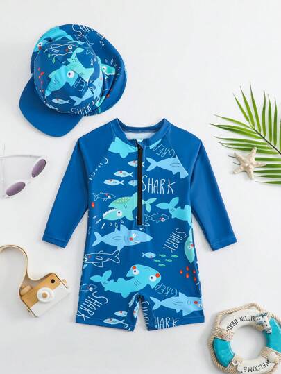 Traje de baño de una pieza con estampado de tiburón de dibujos animados y gorra para bebé niña