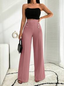 RueChic White Wide Leg Pallazzo Pant With Button Detail - Coral Pink - View 7