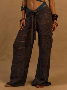 MUSERA 阔腿针织系带腰裤，适合伊比沙岛、度假、春季、夏季、海滩度假、海滩俱乐部等场合，性感海滩风，冬季日常派对皆宜 - 藍色 - 查看 2