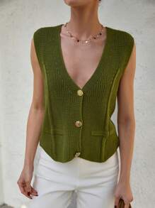 CLARA VERO 女士金色纽扣前背心开衫 - 墨綠色 - 查看 3