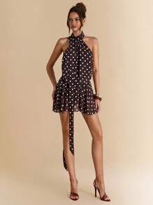 SHEIN BAE Solid Brown Polka Dot Backless Halter Asymmetrical Hem Mini Sexy Bodycon Dress, Suitable For Music Festivals, Vacation Dress, Spring/Summer,Valentine's Day,Valentine Outfits For Women - Multicolor - View 7