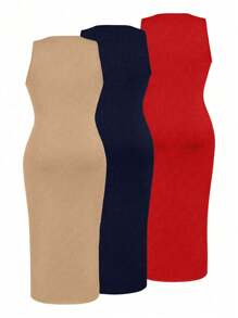 Calvaya 3 Pieces Summer Knitted High Stretch Round Neck Sleeveless Solid Color Commuter Casual Dress Set - Multicolor - View 2