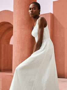 Maija 白色条纹刺绣面料 A 字型收腰长裙，时尚设计风格海滩度假装，迷人廓形 - 白色 - 查看 7