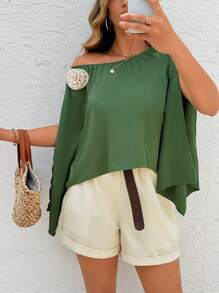 EMERY ROSE Damen Set in großen Größen mit grünem asymmetrischem Ausschnitt, Rüschen-Ärmeln, Blumendekoration Oberteil & apricotfarbener High-Waist Shorts mit Bündchen, 2-teiliges elegantes Lässig-Set - Verschiedenfarbig - Übersicht 6